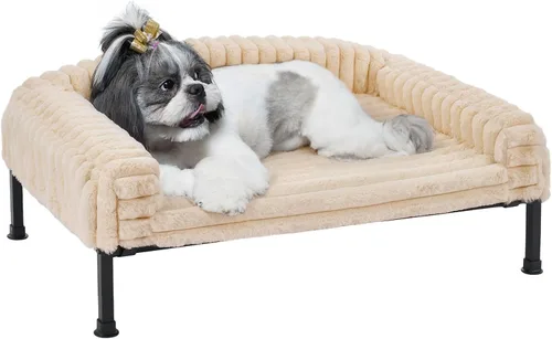 Vista 17 de Veehoo Cama elevada para perros con cojín de cojín, sofá cama de felpa esponjosa para perros pequeños, gatos, cuna elevada lavable para mascotas