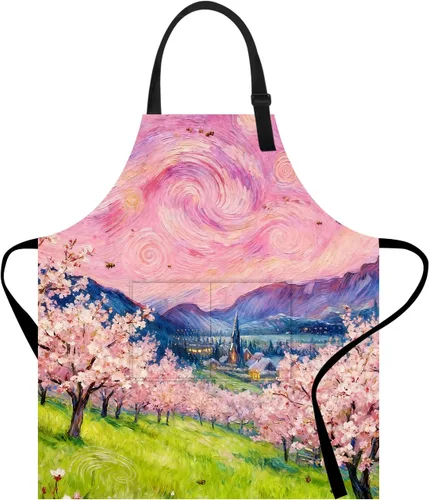 Vista 26 de Delantal divertido con bolsillo para mujeres y hombres, delantal de cocina ajustable para barbacoa y horneado con lindos animales y flores