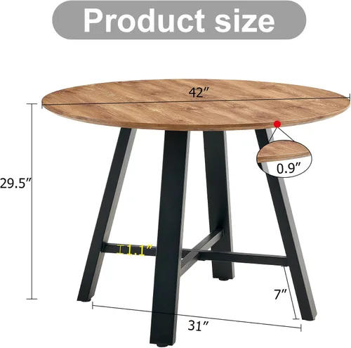 Vista 2 de Mesas redondas de 42 pulgadas, modernas mesas de comedor redondas con mesa de madera y patas de acero inoxidable, mesa circular tapizada para Marrón