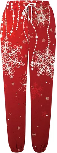 Vista 4 de Pantalones de Navidad para mujer, con bolsillos, con cordón, pantalones deportivos estampados de cintura alta, pantalones largos holgados