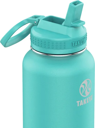 Vista 2 de Takeya Pickleball - Botella de agua aislada de acero inoxidable con tapa y asa de transporte, 32 onzas, Dropshot Teal Verde azulado