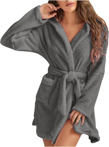 Vista 2 de Batas de baño con capucha para mujer ligera de forro polar acogedora cálida para dormir kimono con bolsillos