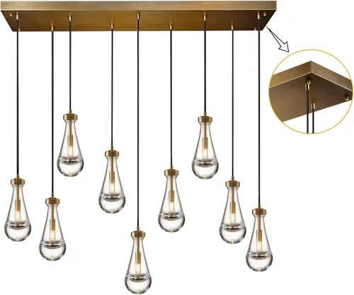 Vista 14 de Lámpara colgante moderna, diseño de gota de lluvia, lámpara de techo de cristal para interiores, 5 pies de profundidad x 12.5 pies de alto, latón