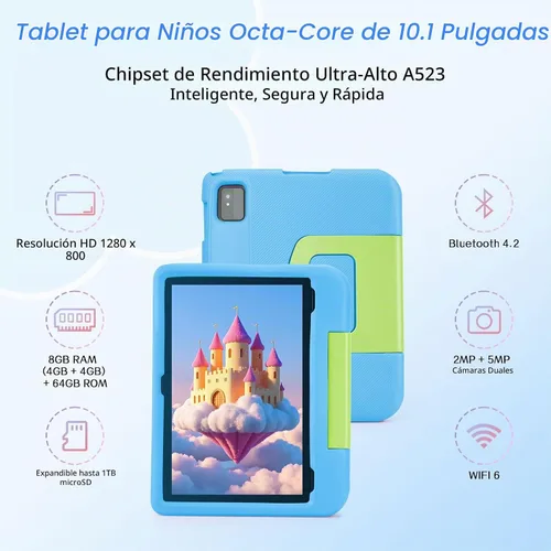 Vista 3 de Tablet Android 14 para niños – Tableta para niños de 10.1 pulgadas con funda EVA azul, Android 14, CPU A523 Octa-Core, 8GB+64GB, Wi-Fi 6