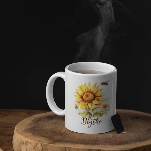 Vista 3 de Taza personalizada para amantes de los girasoles con nombre, regalos personalizados para amantes de las flores, taza de café de cerámica