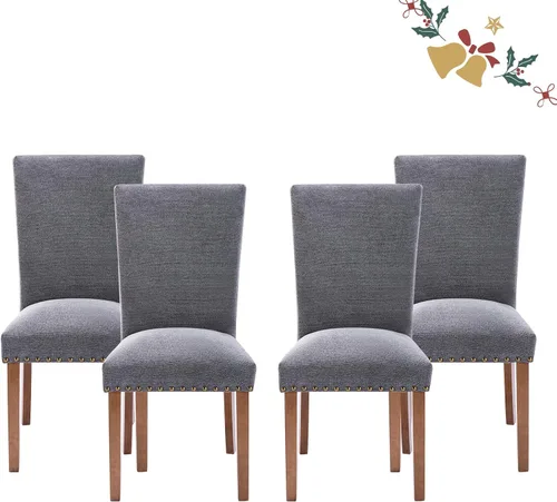 Vista 22 de Juego de 2 sillas tapizadas de tela para comedor, sillas de cocina estilo Parsons con ribete de cabeza de clavo y patas de madera - Beige