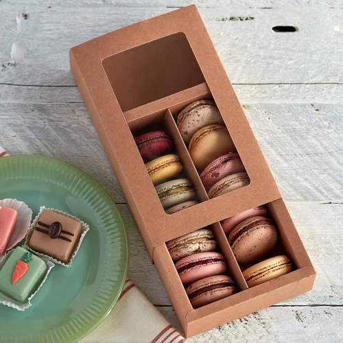 Vista 3 de Cajas de macarrones para 12 a 14 cajas de papel kraft marrón con ventana transparente [15 piezas] Contenedor de macarrones o caja de embalaje
