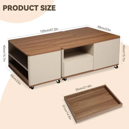 Vista 6 de Mesa de centro de granja con almacenamiento, mesa auxiliar rectangular de forma ajustable, mesa central con 8 ruedas y 2 cajones, mesa de centro