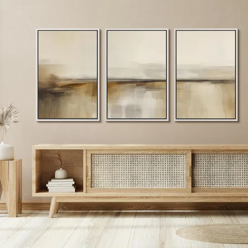 Vista 305 de SIGNFORD - Set de obras de arte en lienzo enmarcado para pared, ilustraciones abstractas de neblina del desierto en tonos neutros beige y marrón