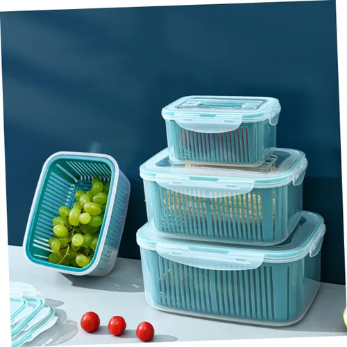 Vista 9 de 3 cajas de almacenamiento apilables para refrigerador con tapas a prueba de fugas y cestas de drenaje internas, escurridor multifuncional