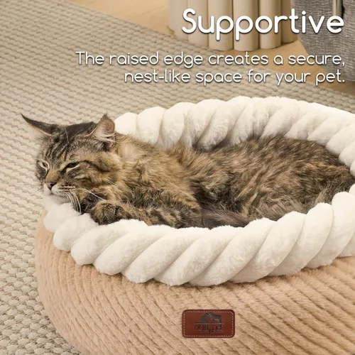 Vista 5 de Hollypet Cama redonda para gatos, camas pequeñas para perros con cojín Avena y blanco