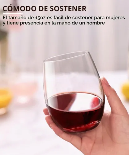 Vista 3 de OJA Juego de 12 copas de vino sin tallo, 15 onzas, copas de vino tinto y blanco de cristal, sin tallo, transparentes, vaso resistente para beber