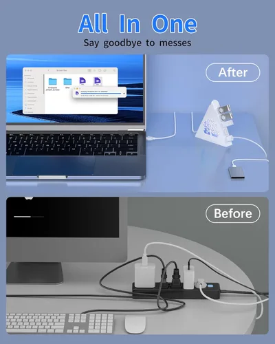 Vista 7 de Hub USB 3.0 de 7 puertos, divisor de concentrador USB vertical blanco con iluminación RGB en forma de árbol, transferencia de alta velocidad de 5