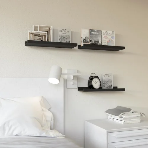 Vista 2 de RICHER HOUSE Juego de 3 estantes flotantes para pared, estantes negros de 16 pulgadas para montar en la pared con borde para almacenamiento, estante