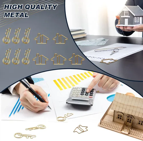 Vista 6 de Gueevin - Paquete de 102 clips de papel con forma de casa y llave con 2 cajas, color dorado