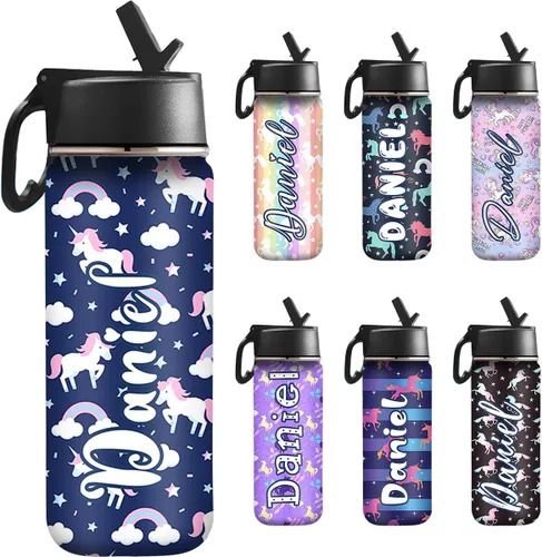 Vista 21 de InterestPrint Botella de agua personalizada para niños de 18 onzas con tapa de pajilla, botella de agua aislada de doble pared de acero inoxidable