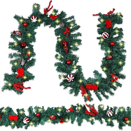 Vista 2 de MorTime Paquete de 2 guirnaldas LED de Navidad de 9 pies con piñas y bayas rojas, bolas de Navidad, guirnalda de Navidad multifunción con 50 luces