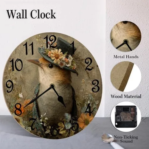 Vista 5 de Reloj de pared retro francés con diseño de pájaro de pared, funciona con pilas, reloj de pared redondo de 10 pulgadas con diseño de pájaro