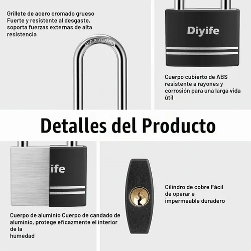 Vista 4 de Diyife [Versión mejorada] Candado de aluminio con llave - Candado de grillete largo impermeable con 2 llaves para escuela, casillero de gimnasio