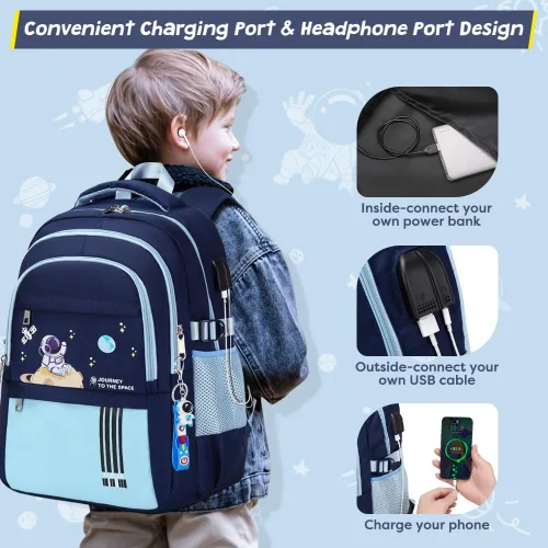 Vista 4 de Mochila para niños - Mochila para niños con bolsa de almuerzo - Juego de bolsa de libros para niños, niñas, adolescentes, escuela primaria