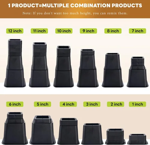 Vista 2 de BTSD-home Elevadores de cama ajustables de 12 pulgadas, resistentes, elevación en alturas de 1,2,3,4,5,6,7,8,9,10,11,12 pulgadas para sillón, sofá