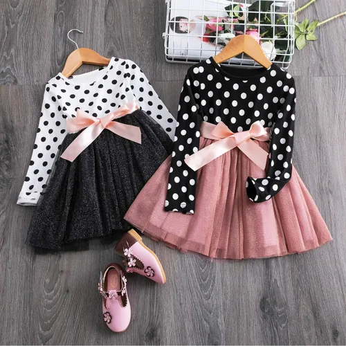 Vista 6 de Vestido de fiesta con tutú NNJXD para niña, con lunares, volantes con varias capas, de manga larga