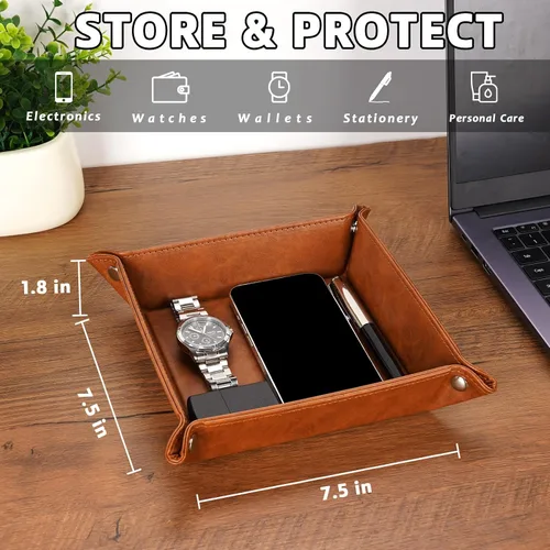 Vista 2 de Funistree Regalos para hombres, papá, marido, Navidad, cumpleaños de hija, hijo, esposa, bandeja de valet de piel sintética con monograma y llavero