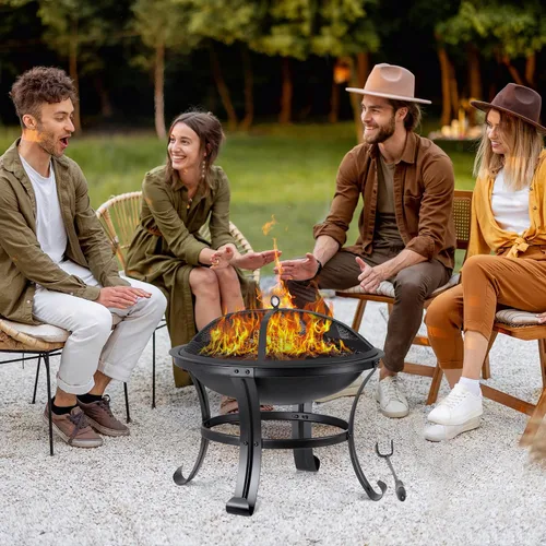 Vista 2 de Pozo de fuego portátil de 22 pulgadas para exteriores, de acero ligero para quemar leña, parrilla BBQ, tazón de fogata con rejilla para troncos