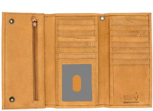 Vista 16 de Cartera larga de cuero genuino para hombre, triple cubierta de chequera, bloqueo RFID, múltiples ranuras para tarjetas, bolsillo con cremallera