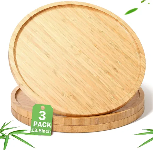 Vista 9 de Meanplan 3 bandejas redondas de bambú a granel para charcutería, bandejas redondas de madera de bambú con borde, plato de verduras de madera pulida