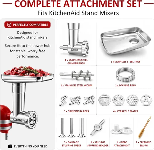Vista 2 de Accesorios para picadora de carne de acero inoxidable EZATO para KitchenAid, embutidora de salchichas, compatible con todos los modelos de batidora