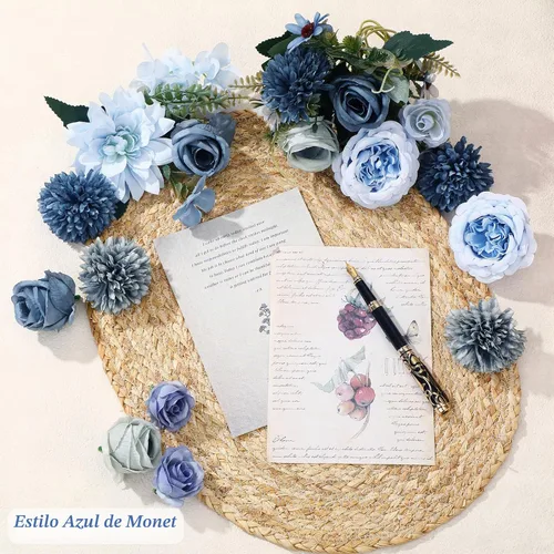 Vista 2 de Zeyune 24 paquetes de flores artificiales azules a granel ramo de seda