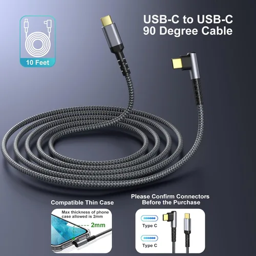 Vista 4 de OKRAY Cable USB C de 10 pies, paquete de 5 cables de carga rápida USB-C de 2-Gris
