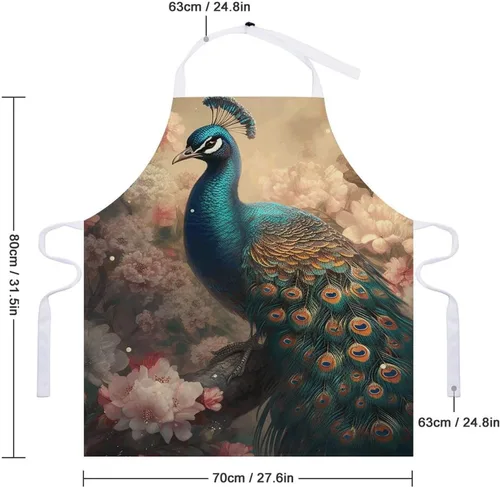 Vista 2 de MUSM Apron for Adults - 27.6 X 31.5 Inch, Heavy-Duty Polyester Aprons with Two Large Pockets, Waterproof Oriental Peacock Pattern Kitchen Apron for