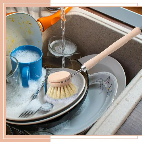 Vista 6 de Maxdot 4 cepillos de cocina con mango de madera de haya, mango de madera natural, cepillo de cerdas de fibra, cepillo de repuesto de 2 pulgadas