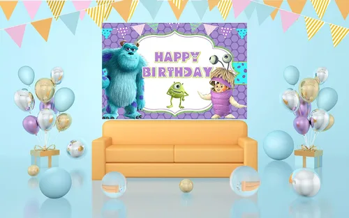Vista 3 de Fondo de Monster Inc púrpura para suministros de fiesta de cumpleaños, 5 x 3 pies, Monster Inc Boo Theme Baby Shower Banner para fiesta