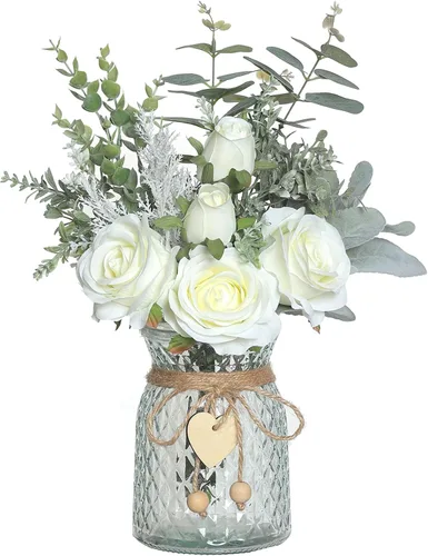 Vista 13 de Rosas artificiales de seda de 14.5 pulgadas con jarrón para decoración del Borgoña