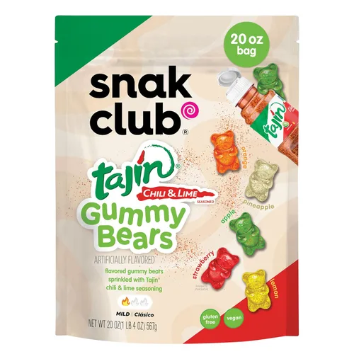 Vista 9 de Snak Club Tajin Ositos Gomosos, Gomitas de Dulce de Frutas Surtidas con Condimento de Chile y Lima, Suaves, Aperitivos Sin Gluten y Veganos, Bolsa