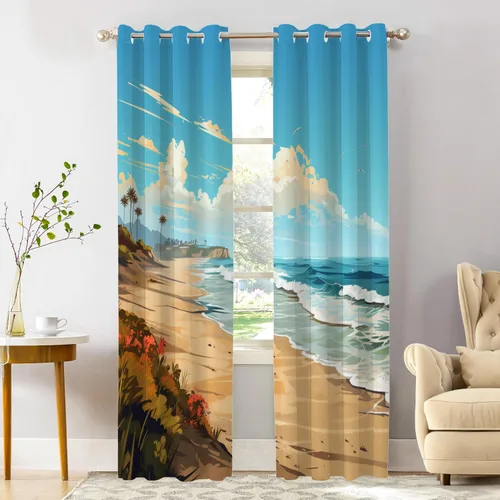 Vista 19 de Shrahala Beach Scenery Blackout Curtain Tiers, Coastal Landscape Kitchen Valance Light Blocking Tier Drapes with Rod Pocket, 2 Pack 26 X 24 in Blue1