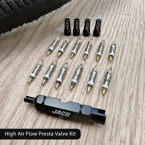 Vista 6 de JACO Presta Kit de reparación de núcleo de válvula para neumáticos de bicicleta con (12X) núcleos de válvula de repuesto, (4X) tapas de válvula
