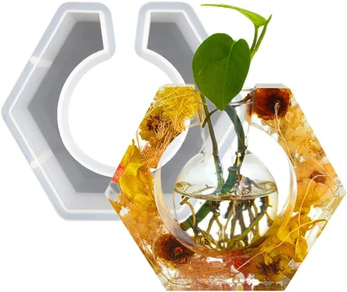 Vista 7 de Molde de resina epoxi de silicona hidropónica al por mayor Marco redondo Diseño nórdico Florero Planta Florero Molde de hormigón con botellas