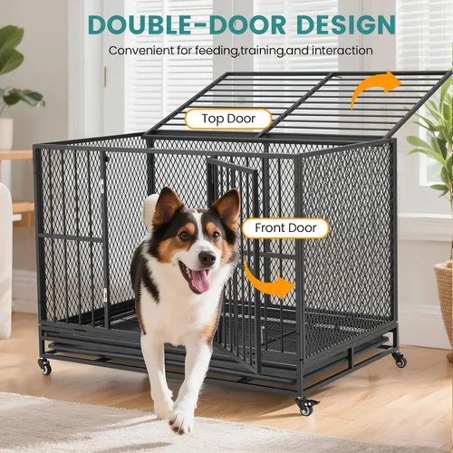 Vista 4 de Erinnyees Jaula para perros resistente de 42 pulgadas, perrera plegable para perros medianos y pequeños, jaula de metal con ruedas con bloqueo