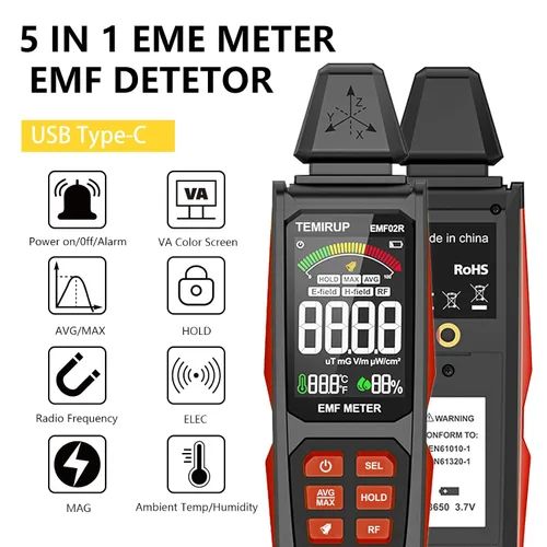 Vista 2 de Detector EMF, TEMIRUP 5 en 1 Medidor EMF Portátil Detector de Radiación, Detecta EF, RF, MF, Señal WiFi, Temperatura, Humedad, Lector EMF Recargable