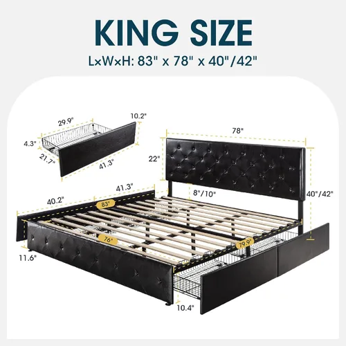 Vista 2 de WEEWAY Base de cama de plataforma tamaño King con 4 cajones de almacenamiento, cabecera capitonada con botones de costura de diamante, base de Negro