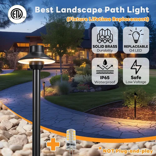 Vista 2 de Gardenreet Luces de camino negras de latón, 12 V de bajo voltaje, luz de camino de paisaje IP65 impermeable, iluminación de pasarela con cable al