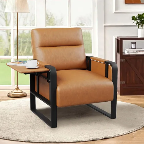 Vista 18 de Silla de Acento Moderna Tapizada en Cuero PU Sillón con Mesa de Bandeja para Dormitorio Sala de Estar Sillas Silla de Oficina Beige
