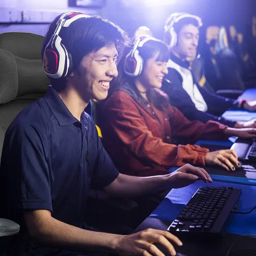 Vista 6 de Silla de oficina ergonómica de piel sintética con reposacabezas y reposacabezas para juegos de masaje, silla de oficina de carreras de PC, silla Gris