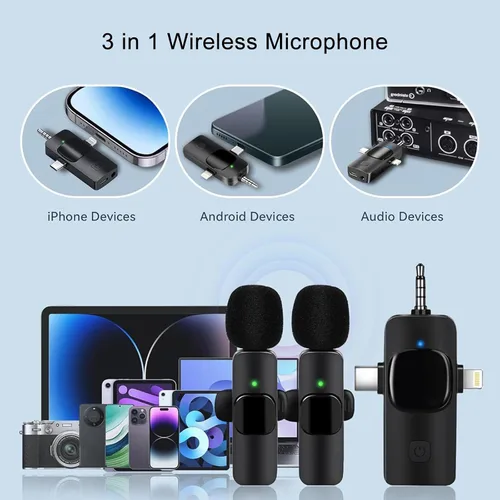 Vista 2 de Mini micrófono, micrófono inalámbrico 3 en 1 para iPhone, iPad, Android, cámara, micrófonos de solapa inalámbricos profesionales para grabación