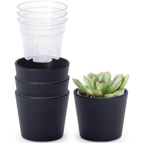 Vista 22 de Phoenix Vine Macetero de plástico verde oliva de 4.5 pulgadas con maceta transparente, cubierta decorativa ligera con maceta interior transparente