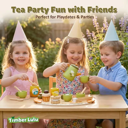 Vista 6 de Juego de té de madera para niños pequeños, juguetes de fiesta de té de simulación para niños de 3 a 5 años, regalo para niñas y niños